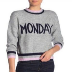 NORDSTROM CODE x MODE MONDAY GRAY PINK BLUE SOFT & COZY GRAPHIC FUNNY SWEATER L
